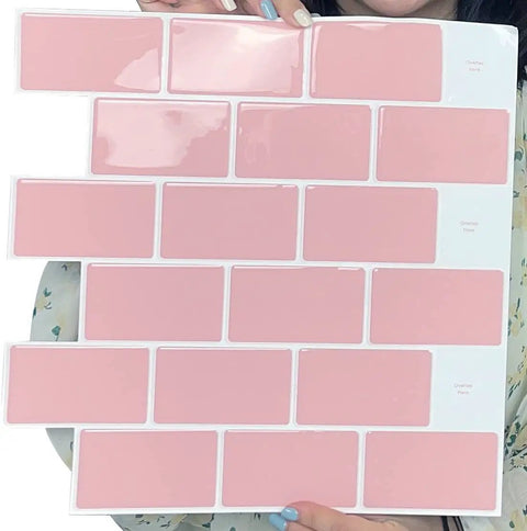 Person holding Pink Subway Tile Peel And Stick Backsplash Kit 10 Premium Self Adhesive Tiles for Kitchen and Bathroom, 12x12 in
