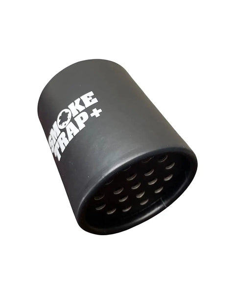 Black filter cartridge for Smoke Trap set showing vented end design, labeled with "Smoke Trap+" for Replaceable Filter Cartridges For Smoke Trap Set With Four Stage HEPA And Activated Coconut Carbon To Eliminate Smoke And Odor Zero Plastic Waste Long Lasting 500 Plus Exhales Easy Swap Maximum Airflow During Exhale Eco Friendly Filtration.