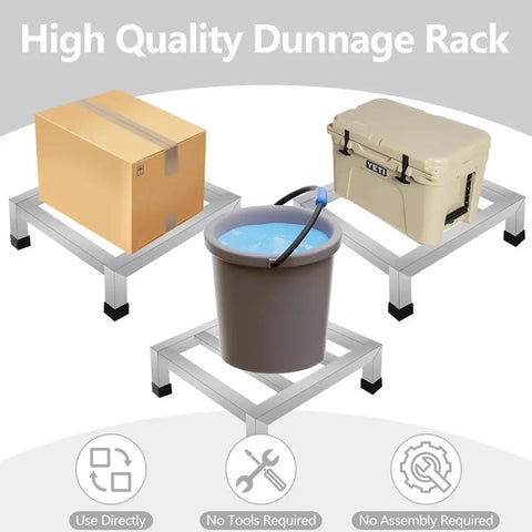 3 Pack Stainless Steel Dunnage Rack Set With Over 1000 Pound Capacity No Assembly Floor Shelves holding various items