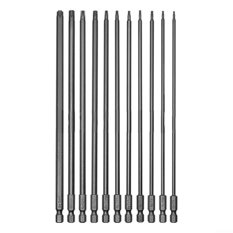 Sick 11-Piece Torx Screwdriver Bit Set With Holes, Super Long 200mm Alloy Steel Hex Shank Bits T6 To T40 Security Star Driver Kit For Electric Drill And Heavy Duty Jobs That Are Totally Awesome. 11 long black Torx bits with holes
