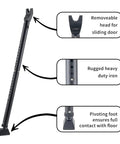 Two Pack 2 In 1 Door Security Bar And Sliding Patio Door Stopper Jammer For Child Proof Safety showing features like removable head, rugged iron, and pivoting foot.