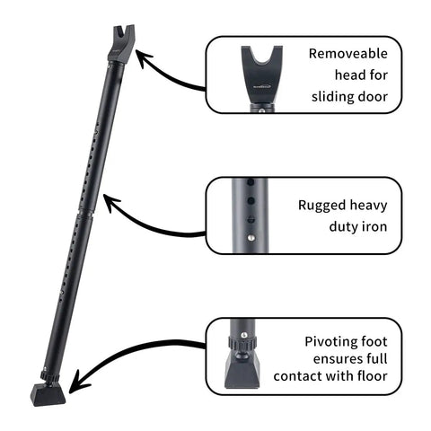 Two Pack 2 In 1 Door Security Bar And Sliding Patio Door Stopper Jammer For Child Proof Safety showing features like removable head, rugged iron, and pivoting foot.