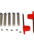 Pro Grade Mini Indexable Lathe Turning Tool Set Featuring One Quarter Inch Shank Nickel Plated Steel Holders With Five Carbide Inserts and hex wrenches.