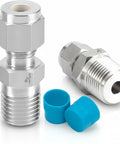 Two VALVENTO 316 stainless steel compression tube fittings, 1/2 in OD to 1/2 in NPT male adapters with blue caps