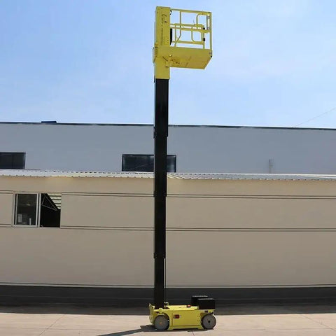 Rock Solid Self Propelled Telescopic Lifting Platform For Professional Aerial Work. 9m tall with yellow basket and heavy-duty mast.