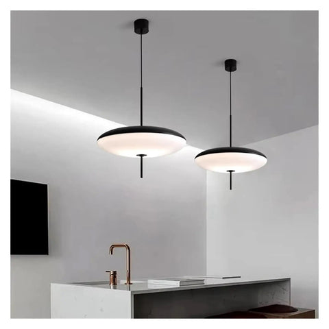 Modern Pendant Light LED Minimalist Black and White Pendant Light Restaurant Study Living Room Bedroom Home Light,Luxury(Tricolor Light,White 30cm) hanging above a kitchen island.
