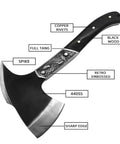 Beast Mode Full Tang Chopping Axe With Wooden Handle, showing black wood handle, copper rivets, retro embossed detail