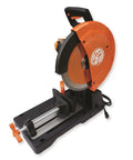 5 Inch Cutting Edge Chop Saw With 14 Inch Blade For Burr Free Cutting And Low Vibration Lock And Cut Clamp With V Block For Rounded Rods And Tubing Delivers Fast 45 Degree Miter Cuts Cold Cutting Technology For Stationary Use, side view of the chop saw on a workbench.