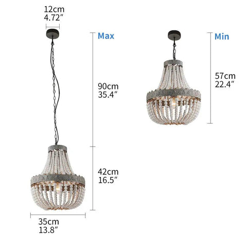Wood Bead Chandelier Pendant For Boho Beachy Vibe Living Room Lighting, showing max and min height with adjustable chain