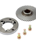 Heavy Duty Motorcycle Starter Clutch Assembly With Curved Overrunning Clutch And Included Body Tooth Screw For 50Cc 70Cc 90Cc 110Cc 125Cc Atv parts in metallic finish.