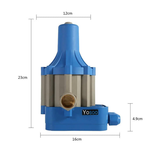 Side view of 110V Automatic Electronic Switch Control Pressure Controller for Pumps with dimensions in blue gray material