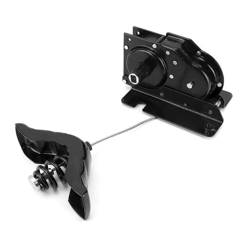 Hella Sturdy Heavy Duty Spare Tire Hoist Carrier Winch Built From Premium Rust Proof Steel For Ford F450 F550 Work Trucks shown from side angle with cable and clamp.