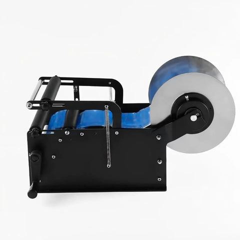 Heavy Duty Manual Bottle Labeling Machine For Cans And Plastic Glass Bottles With Widening Design For Easy Use, black metal construction.