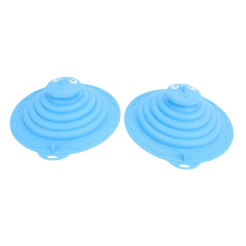 Two SUNGOOYUE Silicone Tub Stoppers in blue, featuring a groove design and smiling face for easy sink use.