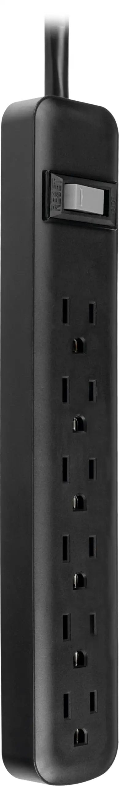 Twin Pack Six Outlet Surge Protector Power Strip with 3 Foot Extension Cord for Home and Office Heavy Duty 450 Joules On Off Switch Built In Circuit Breaker ETL Listed Black, showing six outlets and on/off switch.