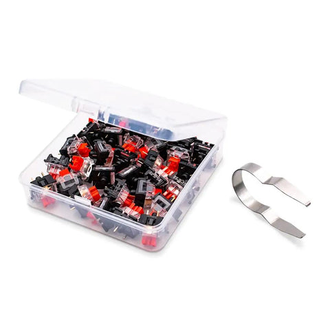 Red Linear Keyboard Switches Three Pin 45g Actuation Dustproof Hot Swappable Cherry MX Equivalent For Mechanical Keyboards Pack Of 32 RGB Compatible With SMD Lights And RGB Plug In Lighting displayed with included puller tool