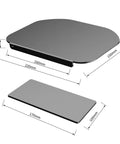 Kingpin Steel Reinforcement Plate for Glass Desk Adds Savage Stability to Monitor Mount Setup dimensions shown on black plates.