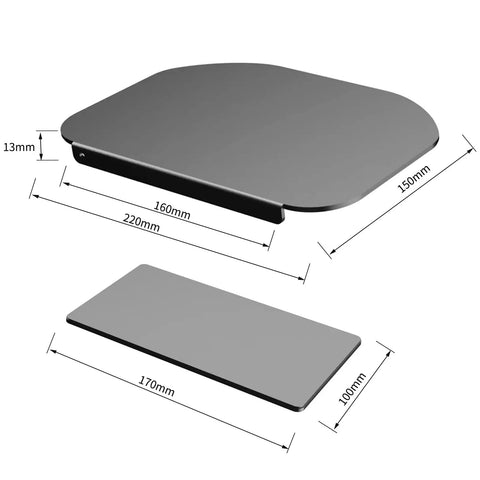 Kingpin Steel Reinforcement Plate for Glass Desk Adds Savage Stability to Monitor Mount Setup dimensions shown on black plates.