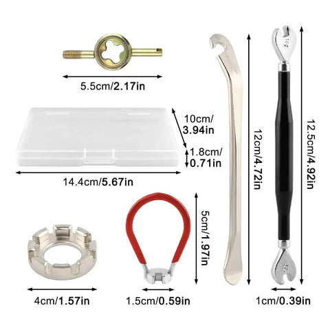 Eight Piece Bike Spoke Wrench Tool Kit For Rim Truing And Tire Levers With Storage Box Pro Grade Set displayed with measurements