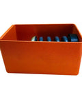 Top Shelf Spring Hangers Vibration Isolators Cushion Mechanical Buzz For Hvac And Pu Rigs Rated For Six Sixty Lbs Load With One Inch Drop Powder Coated Grey Set Of Four Hardened Steel Mounts in an orange housing with blue springs.