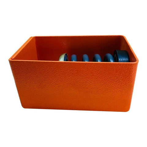 Top Shelf Spring Hangers Vibration Isolators Cushion Mechanical Buzz For Hvac And Pu Rigs Rated For Six Sixty Lbs Load With One Inch Drop Powder Coated Grey Set Of Four Hardened Steel Mounts in an orange housing with blue springs.