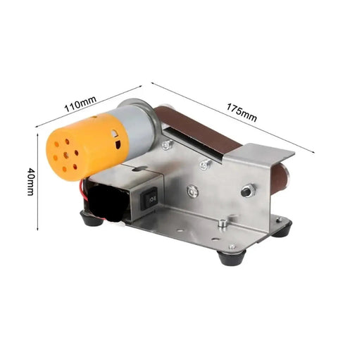 Mini Electric Belt Sander With Grinder Set Perfect For DIY Polishing And Sharpener Tasks on a compact steel base with motor.