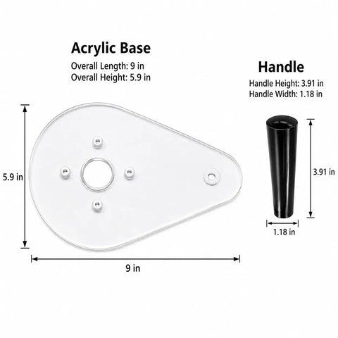 Straight Up Precision Replacement Router Base Plate For Compact Power Tools, 6 By 9 Inch Single Grip Sub Mount with clear cast acrylic base and handle dimensions.