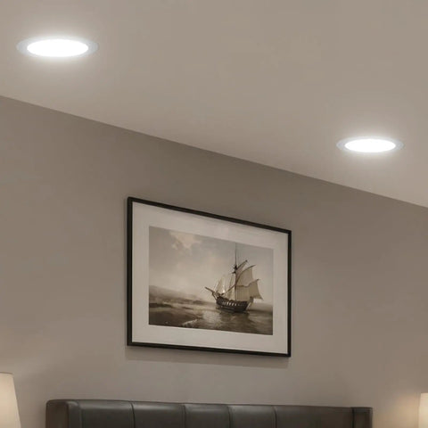 Forty Eight Pack Six Inch Led Recessed Ceiling Lights Featuring Fully Adjustable Color Temperatures, canless wafer build in modern living room.