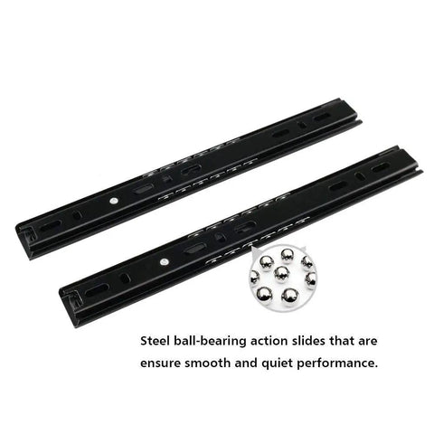 Heavy Duty Pair Of Black Metal Three Section Full Extension Drawer Slides featuring Quiet Ball Bearing Tracks and Smooth Side Mount Glides