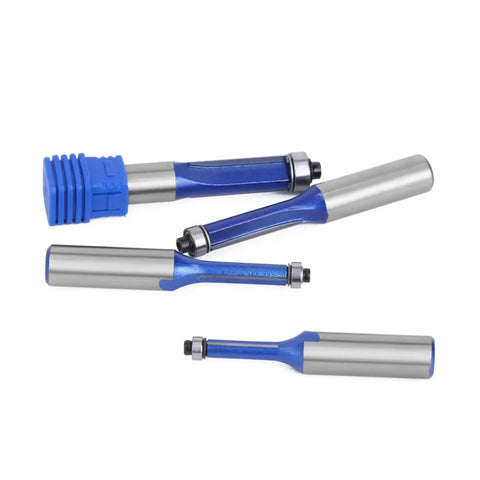Heavy Duty 12 Inch Flush Trim Router Bit With Smooth Bearing For Precision Wood Milling Cutter Template Trimming And Edge Cutting In Cabinetry Projects, showing multiple router bits.