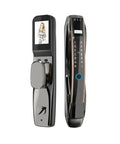 Smart Video Door Lock With Digital Fingerprint Scanner And Remote Access Featuring Wide Angle Camera Auto Lock and sleek aluminum design.