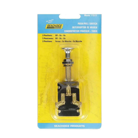 Heavy Duty Three-Position Push-Pull Switch For Dual Circuits With Chrome Knob And Stainless Steel Springs Fits Panels Up To 1 Inch Rated 25 Amps At 6 VDC And 15 Amps At 12 VDC Rugged Boat Electrical Control Switch in package