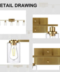 Cool Five Light Brushed Brass Vanity Light Fixture With Clear Glass Shades for Bathroom Wall Sconce, detail view with close-up.