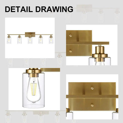 Cool Five Light Brushed Brass Vanity Light Fixture With Clear Glass Shades for Bathroom Wall Sconce, detail view with close-up.