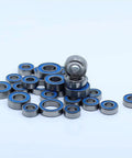 RC Ball Bearing Set For One Tenth Scale SCX10 II Kit And RTR 28 Pcs Bearings Upgraded With 5x11x4mm 10x15x4mm 5x10x4mm 8x16x5mm 5x14x5mm And 7x14x3.5mm blue-sealed steel bearings laid out for RC axles and hubs