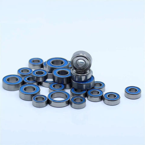 RC Ball Bearing Set For One Tenth Scale SCX10 II Kit And RTR 28 Pcs Bearings Upgraded With 5x11x4mm 10x15x4mm 5x10x4mm 8x16x5mm 5x14x5mm And 7x14x3.5mm blue-sealed steel bearings laid out for RC axles and hubs