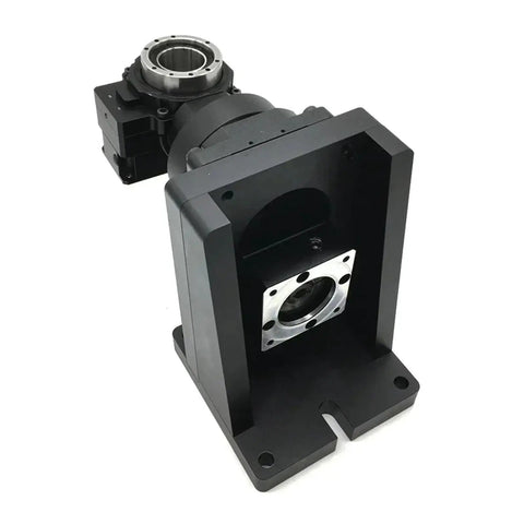 Top Shelf Fourth And Fifth Axis Motorized Hollow Rotating Platform Indexing Rotary Table Precision Cnc Rotation Stage For Robotic Arm Marking Rig side view with black housing and metal flange.