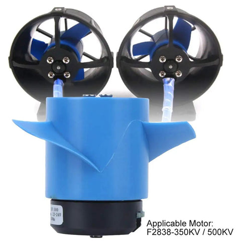 Beefy 12Kg Thrust RC Underwater Thruster With 60mm Propeller, dual thrusters, blue motor housing, 6000 RPM, for deep dive RC use.