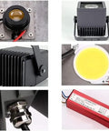 Close-up of Badass 50W LED Flood Light components, including lens, aluminum housing, and power driver for heavy duty jobsites.