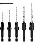 Five Pack Countersink Drill Bit Set With M2 HSS, Four-Flute Adjustable Tapered Countersink Bits With Hex Key, displayed vertically.