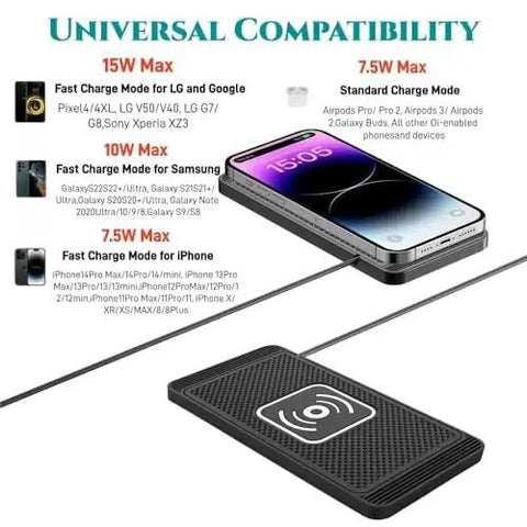 Fast Charging Wireless Car Pad With Fifteen Watt Output Compatible With Chevy Volt Bolt Ev Blazer And Euv Featuring Usb Hub For Seamless Device Link And Slick Dash Mount That Delivers Straight Up Reliable Power For No Sweat Commutes Whenever You Feel, showcasing universal compatibility with various smartphones.