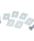 Carrier Bearing Drop Kit For 2005 To 2022 Toyota Tundra With 6 Shims Black Finish Plug And Play Easy Install And Reduced Takeoff Vibration On Two Piece Driveshaft includes 6 shims, bolts, and washers on white background.