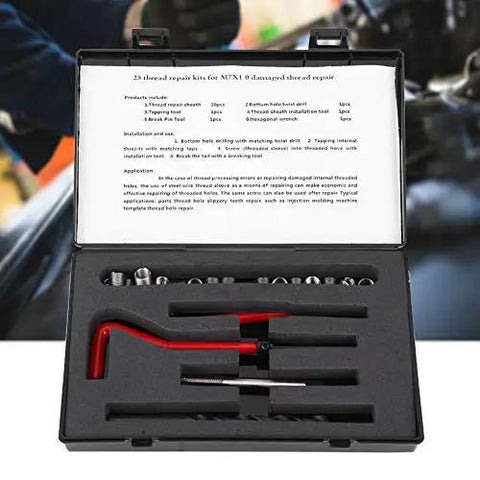 Open case showing M7 X 1.0 Helicoil Thread Repair Kit Stainless Steel 25 Pcs with tools and inserts for repair.