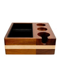 Front view of Espresso Knock Box And Tamp Station 4 In 1 Organizer, walnut material, fits 51-54mm tamper, showing compartments