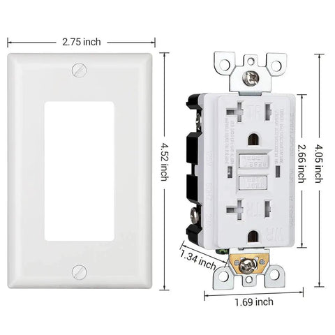 5 Pack GFCI Outlet 20 Amp Outdoor Weather Resistant Tamper Resistant UL Listed Backyard Ready With Self Test LED Indicator Thinner Design Wall Plate Included White Finish showing outlet and dimensions