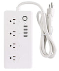 Rock Solid Wifi Smart Power Strip With Four Quick Charge Usb Ports And Voice Control Built Tough For Home And Office Plug And Play Energy Saving Compact Surge Protector, white, four outlets, USB ports, compact design.