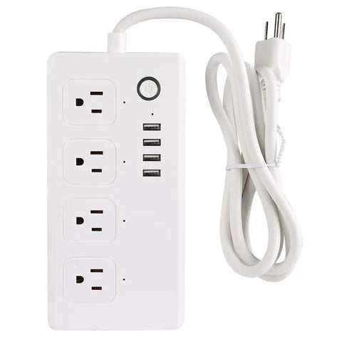 Rock Solid Wifi Smart Power Strip With Four Quick Charge Usb Ports And Voice Control Built Tough For Home And Office Plug And Play Energy Saving Compact Surge Protector, white, four outlets, USB ports, compact design.