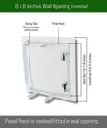 Push To Open Access Panel For Drywall Featuring Slick No Sweat Operation Heavy Duty Galvanized Steel in 8 x 8 inch wall opening.
