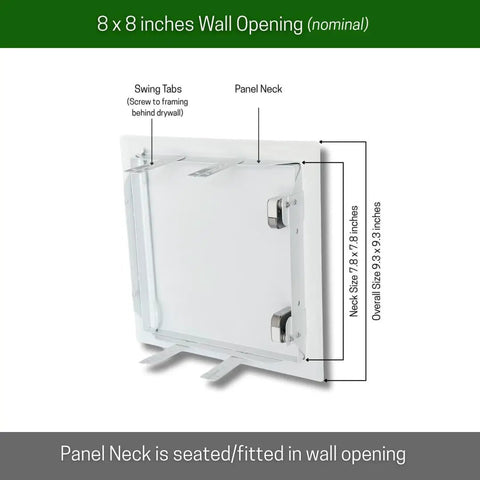 Push To Open Access Panel For Drywall Featuring Slick No Sweat Operation Heavy Duty Galvanized Steel in 8 x 8 inch wall opening.