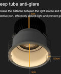 Smooth 10W Dimmable Cob Led Spotlight 12 Pack showcasing deep tube anti-glare design with precise measurements for glare prevention.